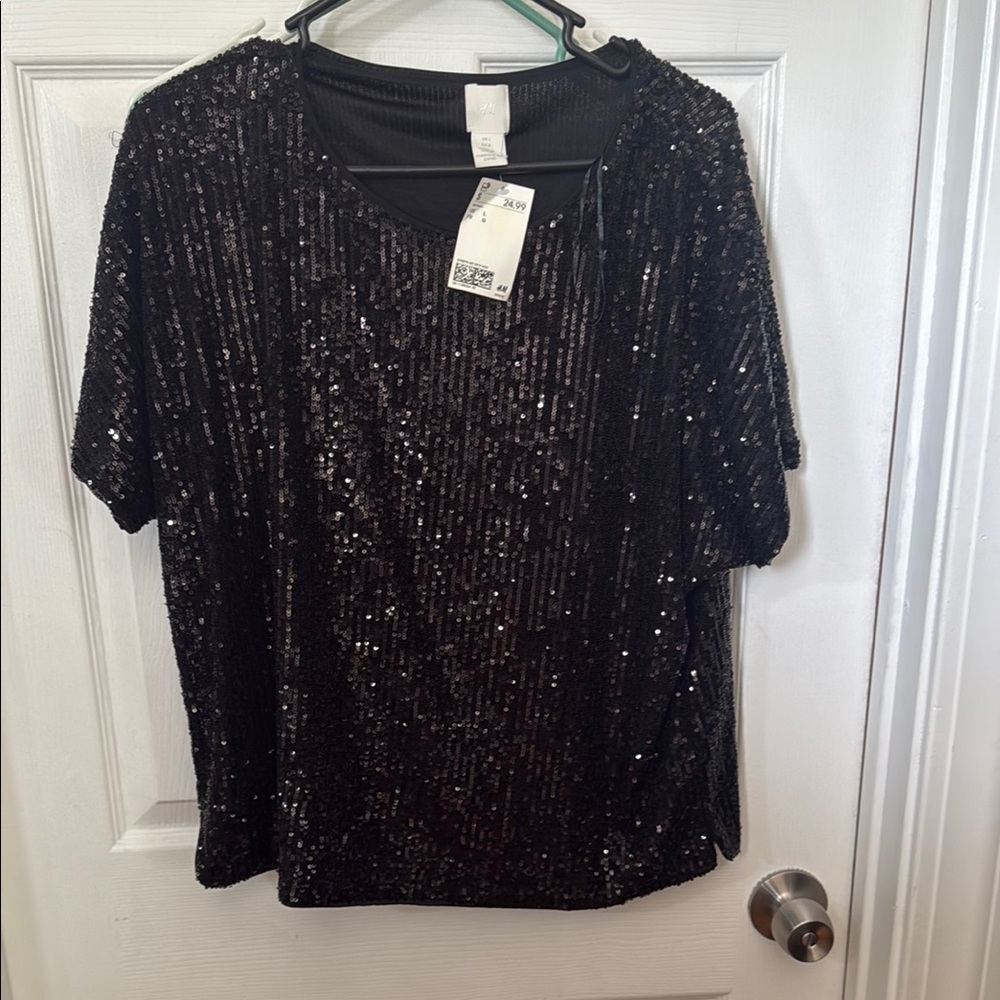 H&M Black Sequin Short Sleeve Blouse